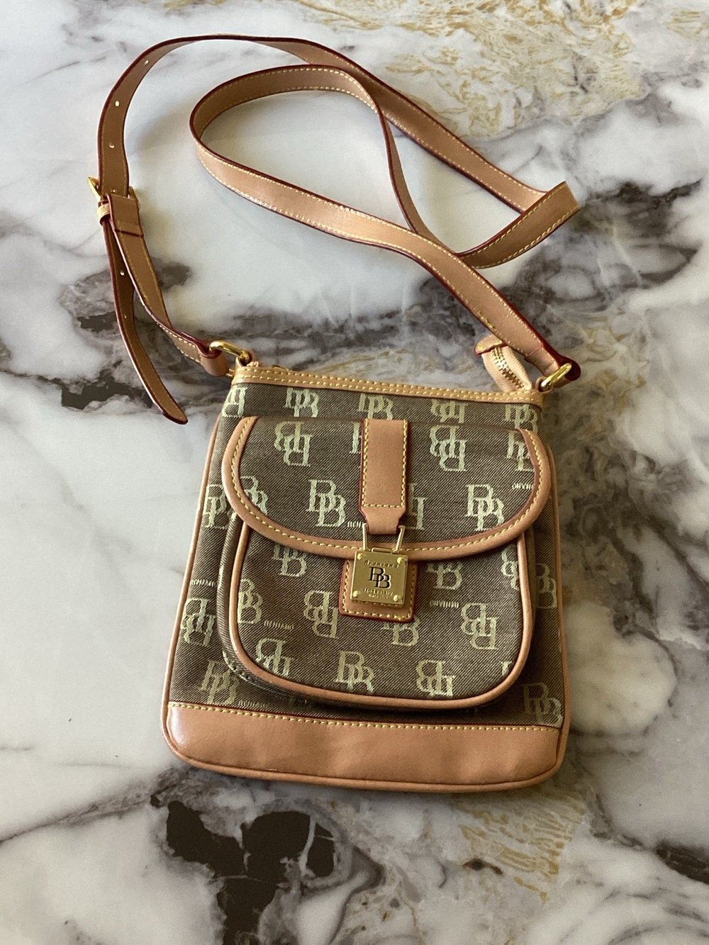 DB Monogram Brown Canvas Crossbody Bag with Tan Trim